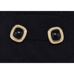 CHRISTIAN DIOR Rhinestone & Black Cabochon Clip-On Earrings 1980s